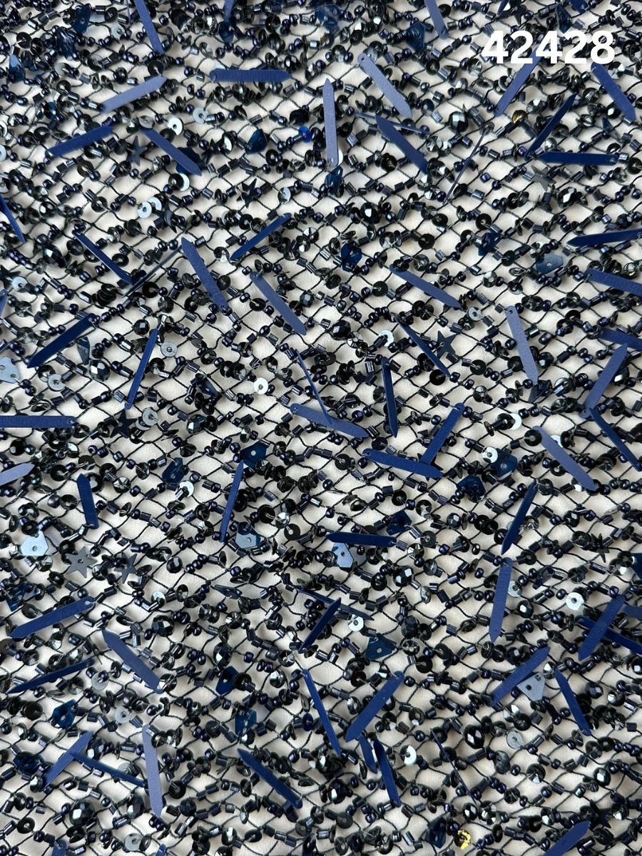 #42428 Elegant Fabric with Abstract Design, Hand-Beaded with Various Beads and Sequins – A Stunning Textile for Couture Fashion, Evening Wear, and Artistic Creations