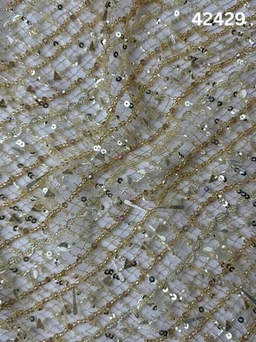 #42429 Opulent Fabric with Abstract Design, Hand-Beaded with Various Beads and Exotic Sequins – A Stunning Embellished Textile for Couture Fashion, Bridal, and Artistic Creations