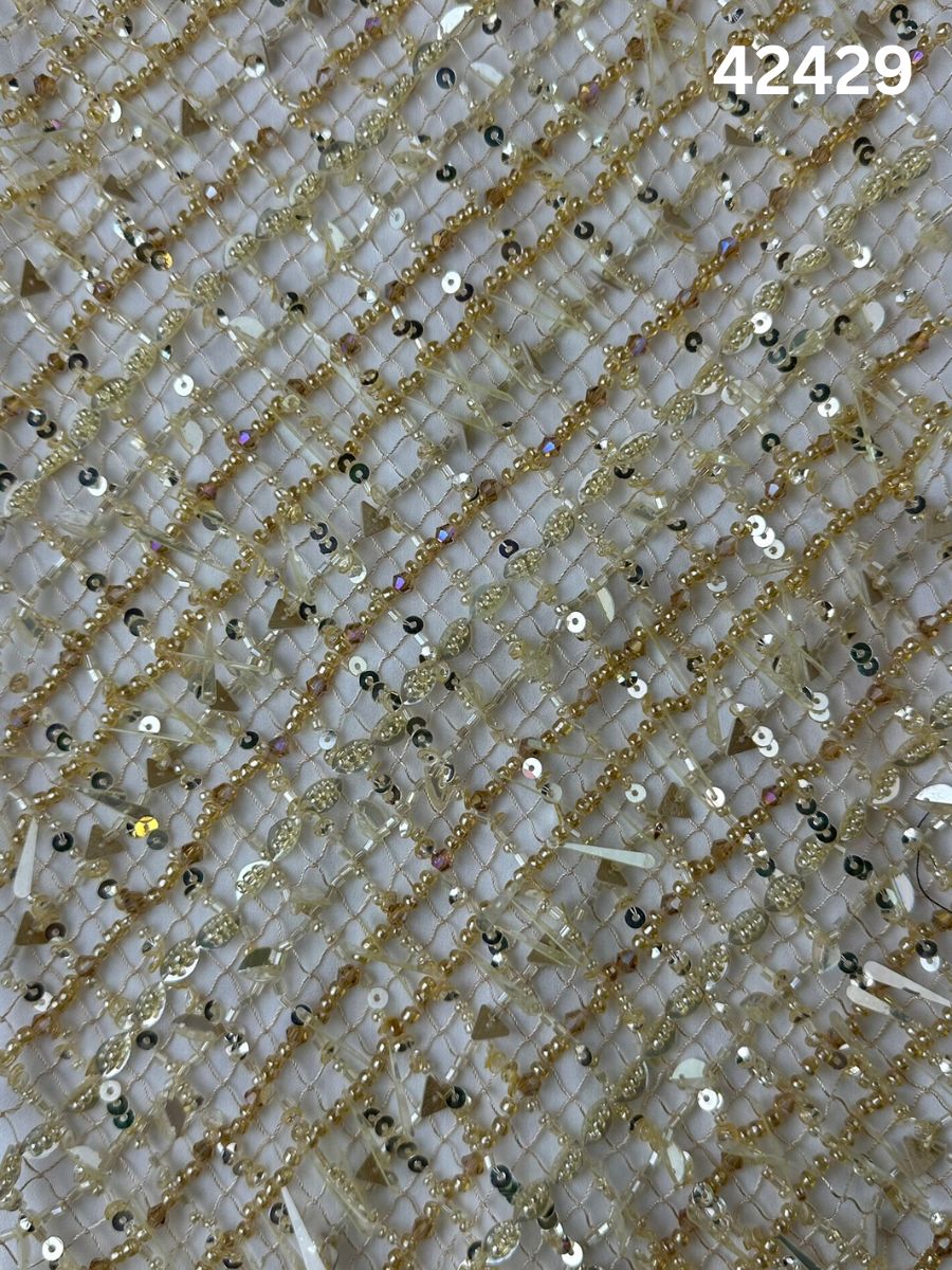 #42429 Opulent Fabric with Abstract Design, Hand-Beaded with Various Beads and Exotic Sequins – A Stunning Embellished Textile for Couture Fashion, Bridal, and Artistic Creations