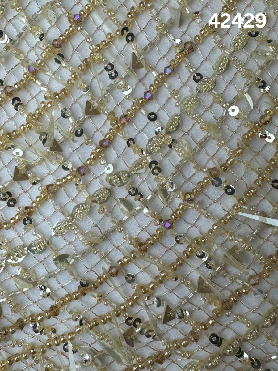 #42429 Opulent Fabric with Abstract Design, Hand-Beaded with Various Beads and Exotic Sequins – A Stunning Embellished Textile for Couture Fashion, Bridal, and Artistic Creations