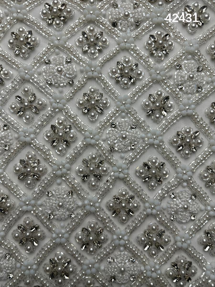 #42431 Elegant Asymmetric Ivory Fabric Design Adorned with Pearls, Rhinestones, Crystals, and Beads