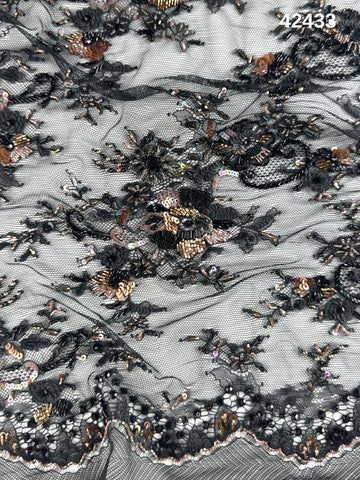 #42433 Luxurious Floral Hand-Beaded Lace with a Stunning Array of Beads and Sequins – Exquisite Embellishment for High-Fashion Creations and Craft Projects