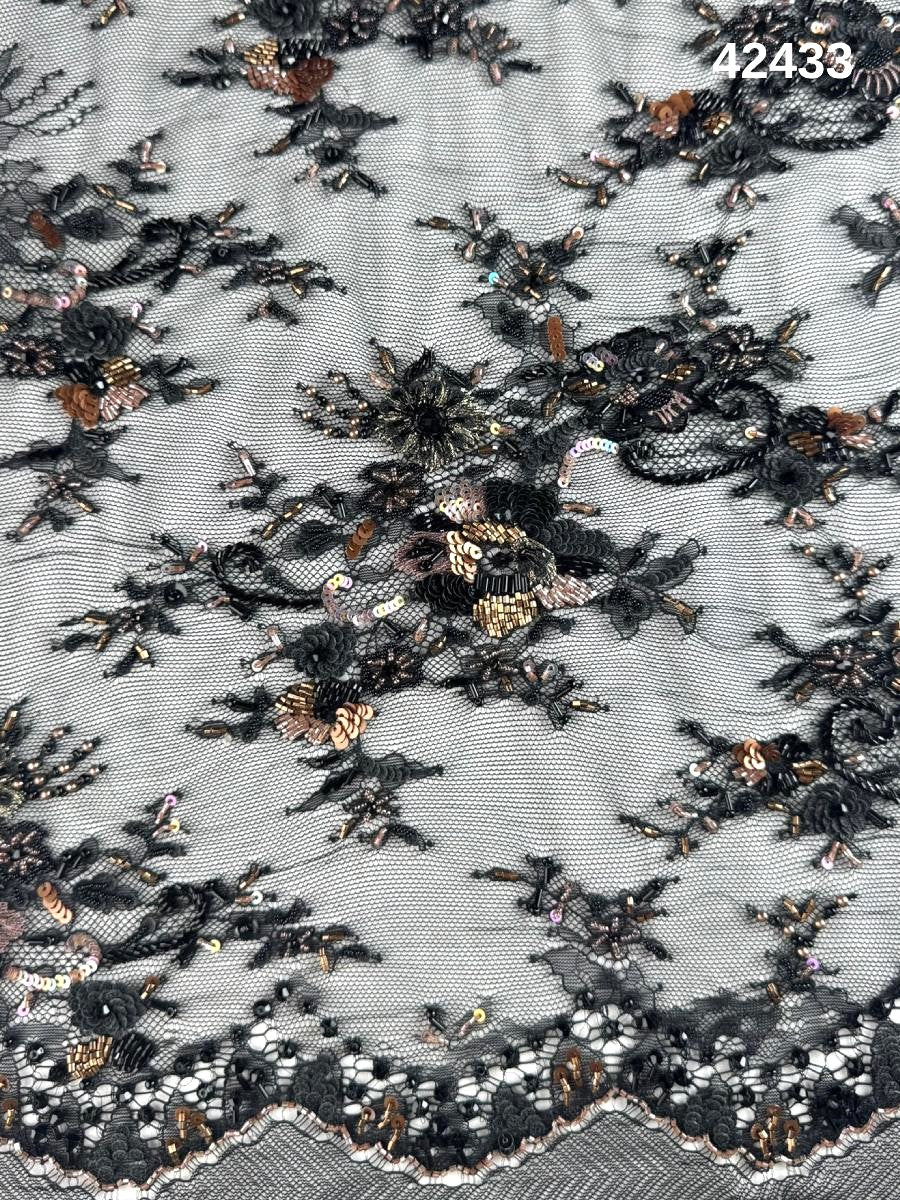 #42433 Luxurious Floral Hand-Beaded Lace with a Stunning Array of Beads and Sequins – Exquisite Embellishment for High-Fashion Creations and Craft Projects