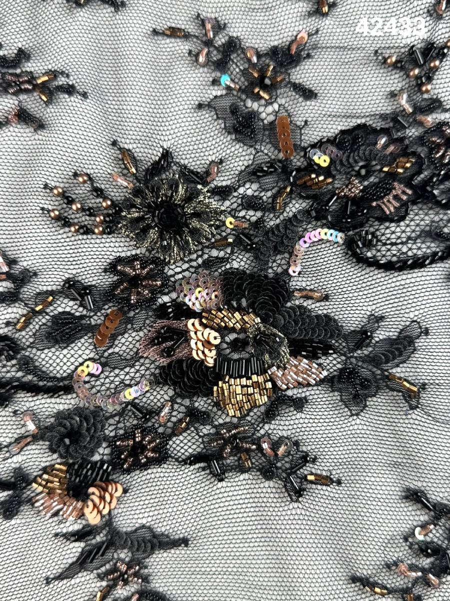 #42433 Luxurious Floral Hand-Beaded Lace with a Stunning Array of Beads and Sequins – Exquisite Embellishment for High-Fashion Creations and Craft Projects