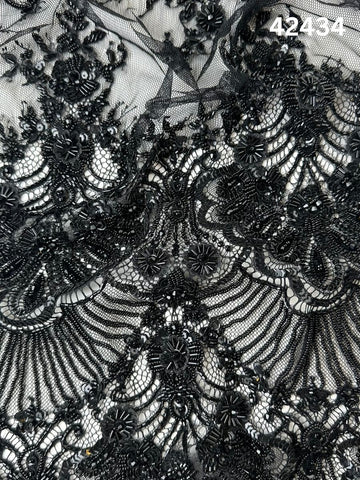 #42434 Exquisite Black Floral Hand-Beaded Lace with Delicate Beads and Exotic Sequins – A Timelessly Elegant Fabric for Luxury Fashion and Crafting