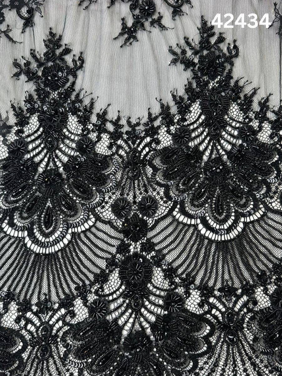 #42434 Exquisite Black Floral Hand-Beaded Lace with Delicate Beads and Exotic Sequins – A Timelessly Elegant Fabric for Luxury Fashion and Crafting