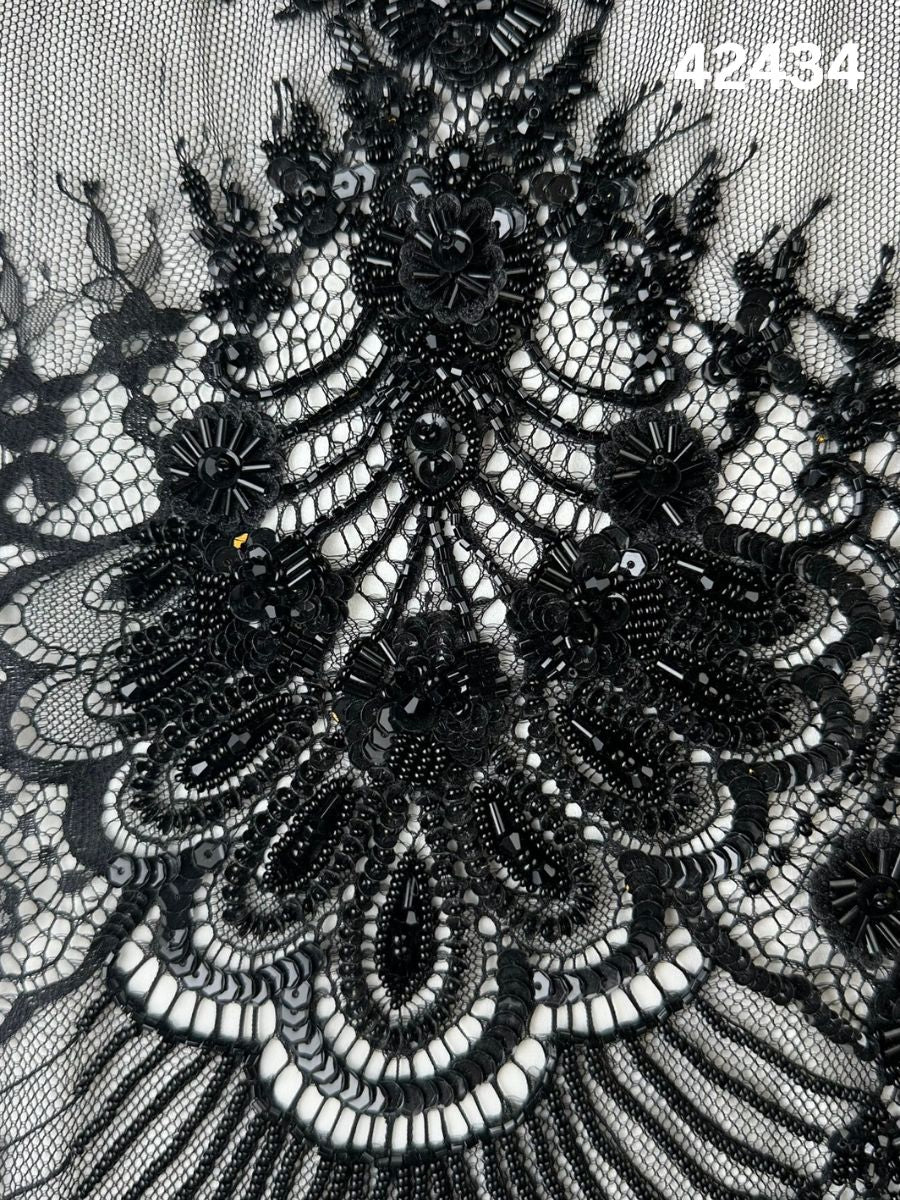 #42434 Exquisite Black Floral Hand-Beaded Lace with Delicate Beads and Exotic Sequins – A Timelessly Elegant Fabric for Luxury Fashion and Crafting