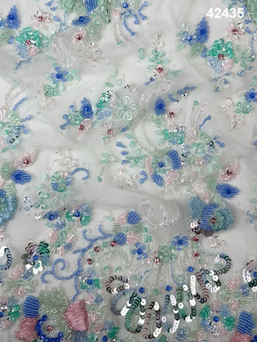 #42435 Exquisite Hand-Beaded Lace with Multi-Color Floral Design, Adorned with Beads and Sequins for a Luxurious, Textured and Radiant Touch