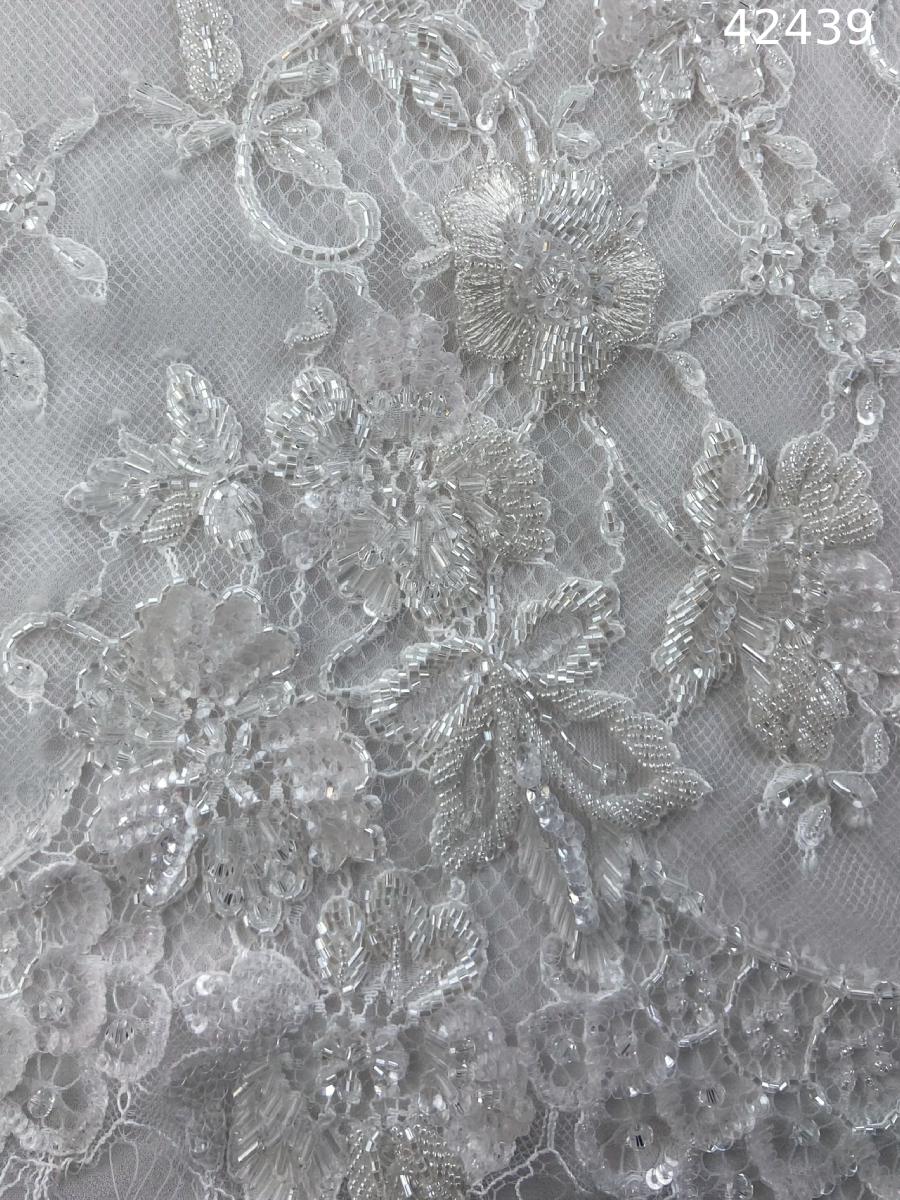 #42439 Hand-Beaded Lace Floral Design Trim with Sequins, Thread Work, and Beads – A Delicate and Elegant Embellishment for Timeless Creations