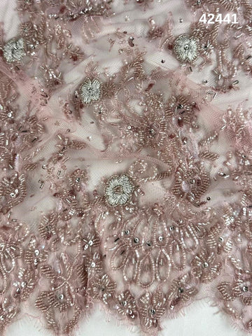 #42441 Elegant Hand-Beaded Lace Floral Design with Sequins, Beads, and Intricate Thread Work