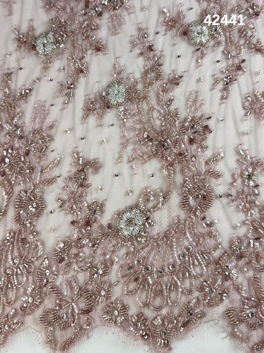 #42441 Elegant Hand-Beaded Lace Floral Design with Sequins, Beads, and Intricate Thread Work