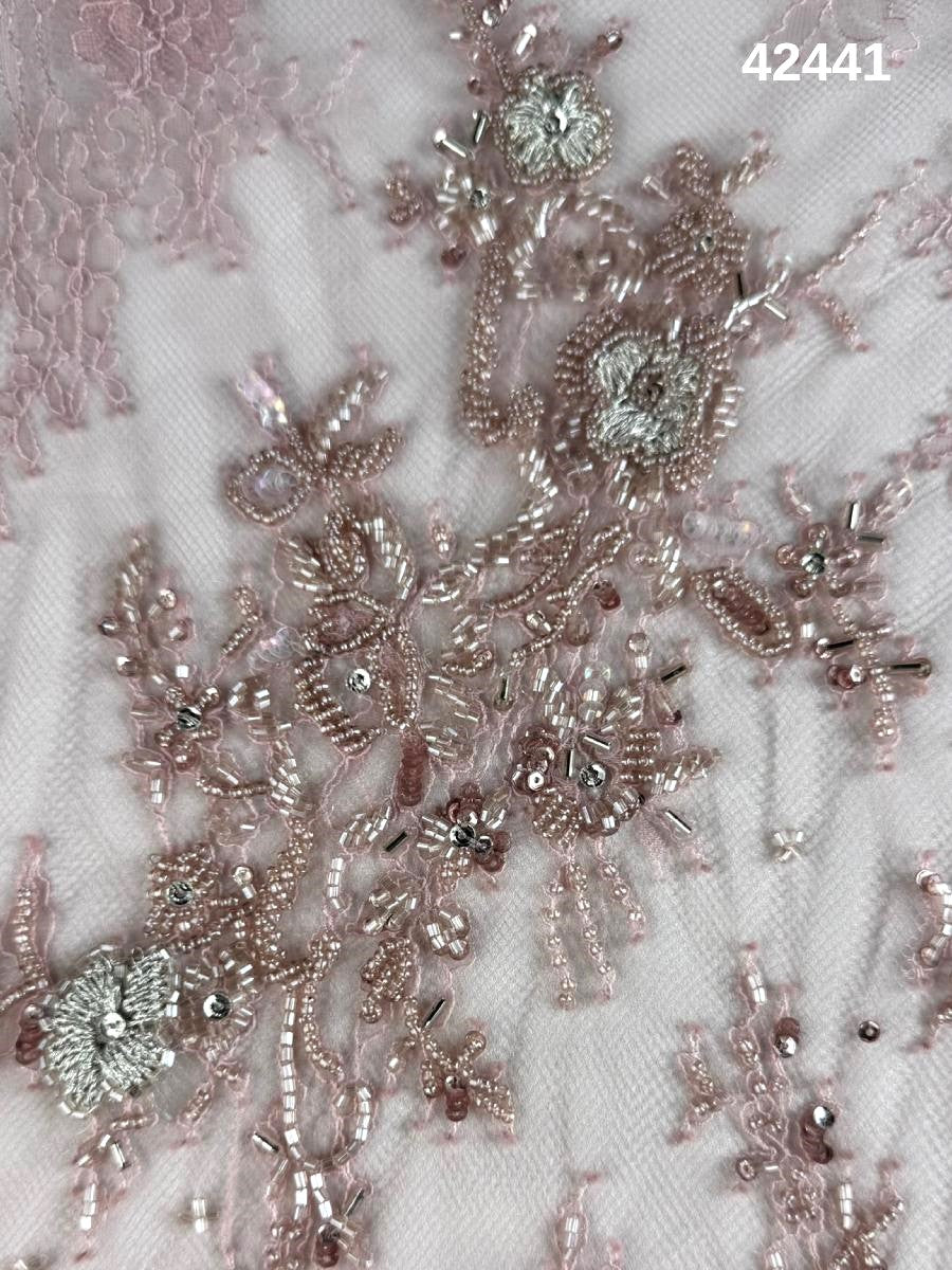 #42441 Elegant Hand-Beaded Lace Floral Design with Sequins, Beads, and Intricate Thread Work