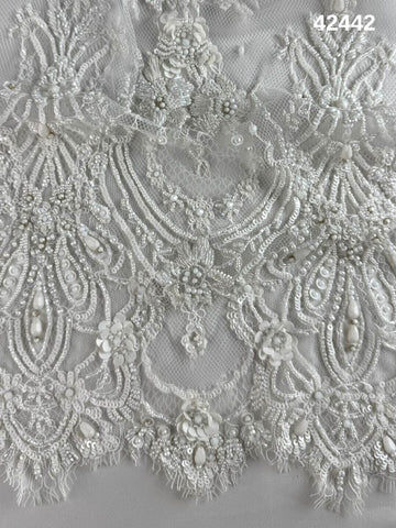 #42442 Exquisite Hand Beaded Lace with Floral Design, Adorned with Delicate Beads, Sequins, and Crystals – A Timelessly Elegant Embellishment for Couture Fashion