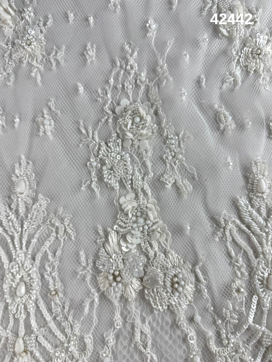 #42442 Exquisite Hand Beaded Lace with Floral Design, Adorned with Delicate Beads, Sequins, and Crystals – A Timelessly Elegant Embellishment for Couture Fashion