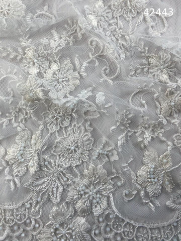 #42443 Hand-Beaded Lace Floral Design Trim with Sequins, Thread Work, Beads, and Crystals – A Timeless Embellishment for Elegant Creations