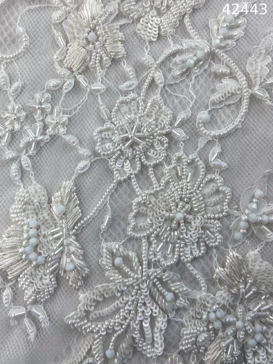 #42443 Hand-Beaded Lace Floral Design Trim with Sequins, Thread Work, Beads, and Crystals – A Timeless Embellishment for Elegant Creations