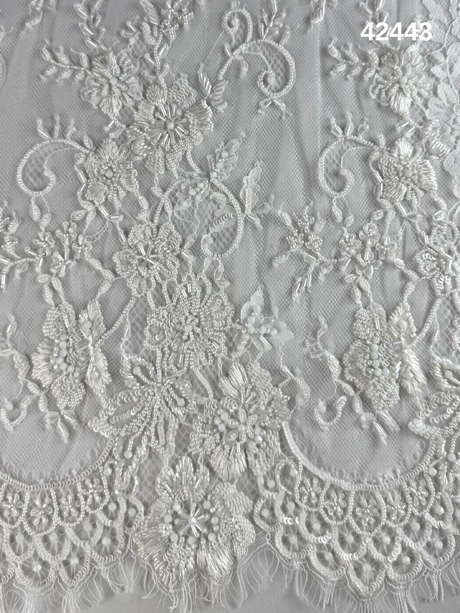 #42443 Hand-Beaded Lace Floral Design Trim with Sequins, Thread Work, Beads, and Crystals – A Timeless Embellishment for Elegant Creations