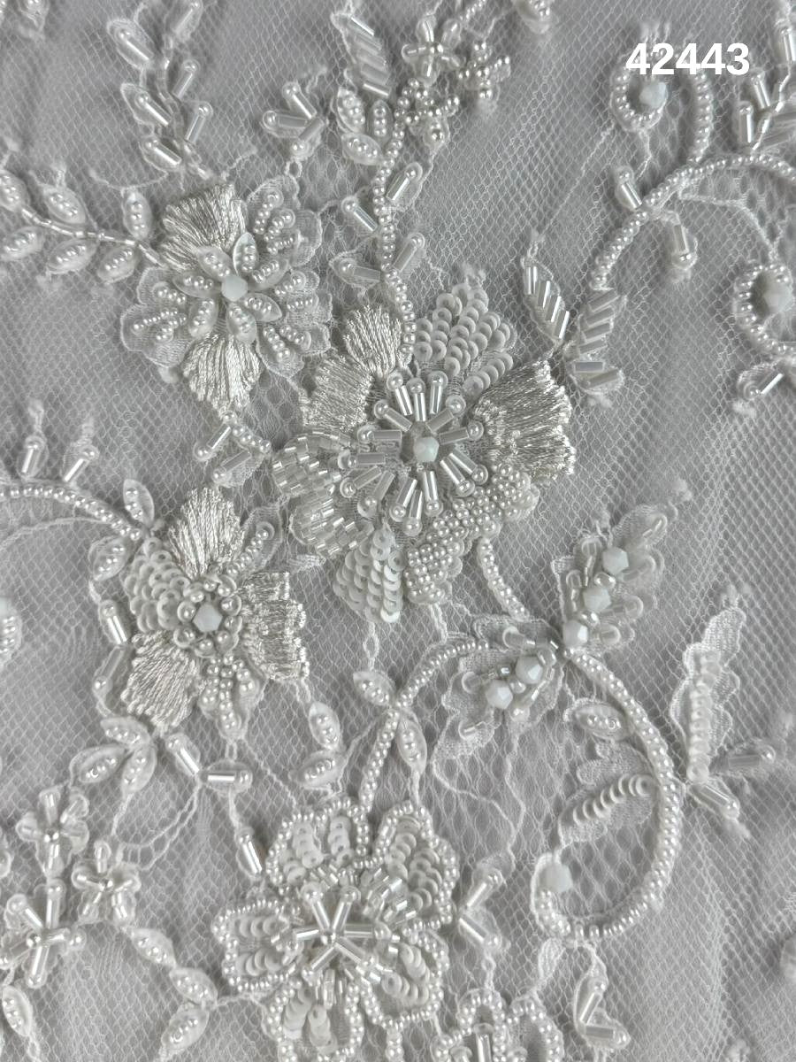 #42443 Hand-Beaded Lace Floral Design Trim with Sequins, Thread Work, Beads, and Crystals – A Timeless Embellishment for Elegant Creations