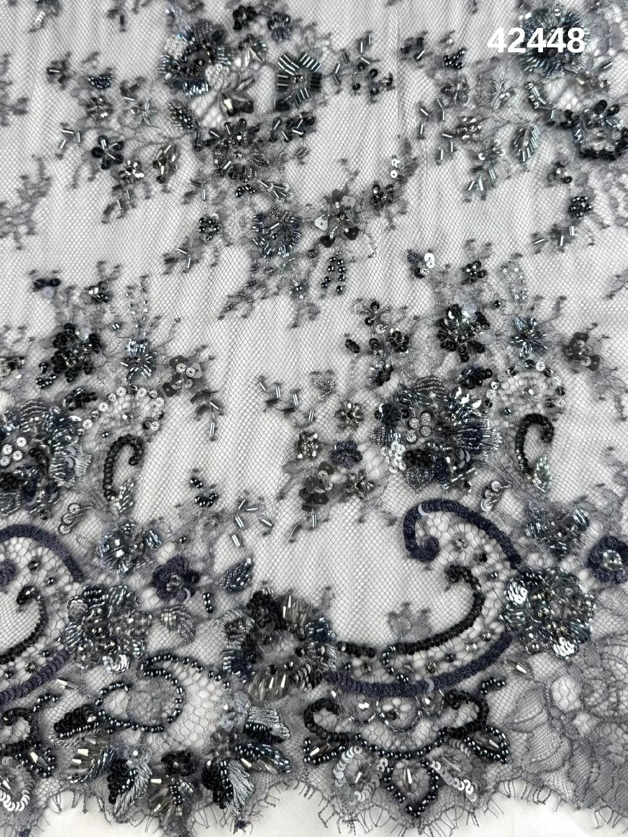#42448 Sophisticated Hand-Beaded Lace Floral Design with Beads and Sequins for Luxe Couture Creations
