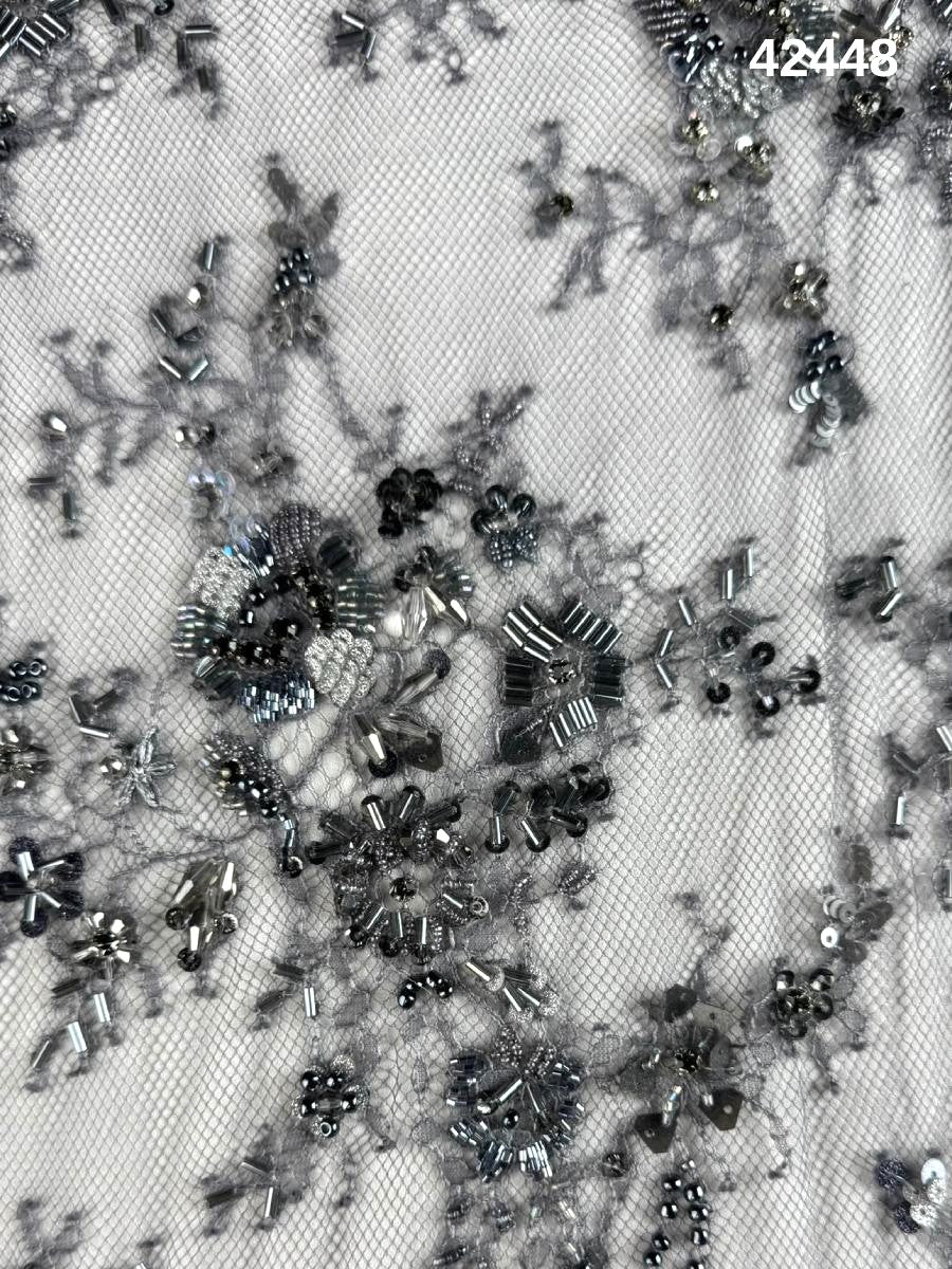 #42448 Sophisticated Hand-Beaded Lace Floral Design with Beads and Sequins for Luxe Couture Creations