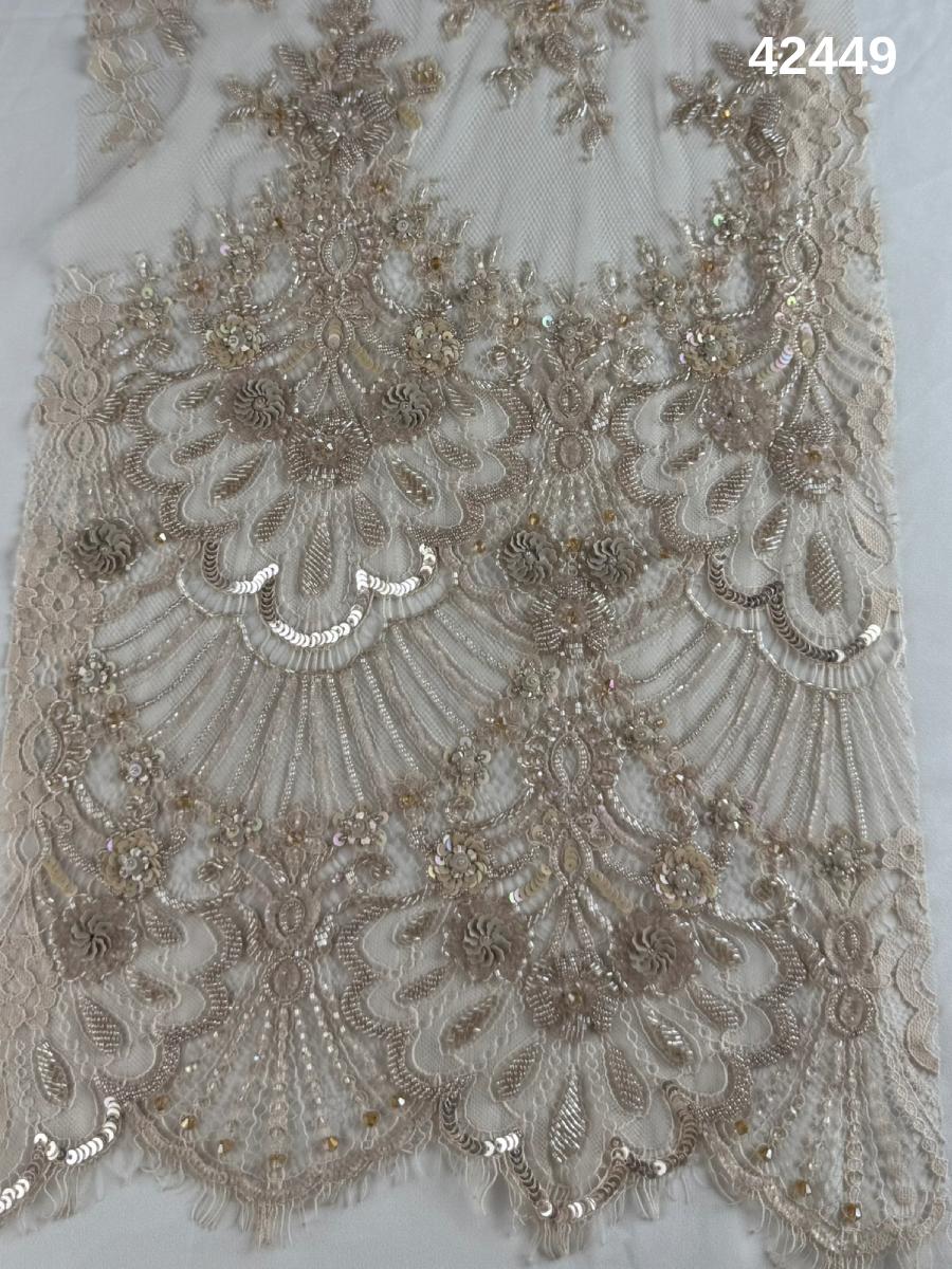 #42449 Opulent Hand Beaded Lace in Hazel with Exquisite Floral Design, Adorned with Exotic Beads, Delicate Sequins, and Crystals – A Luxurious Embellishment for Couture and Bridal Fashion