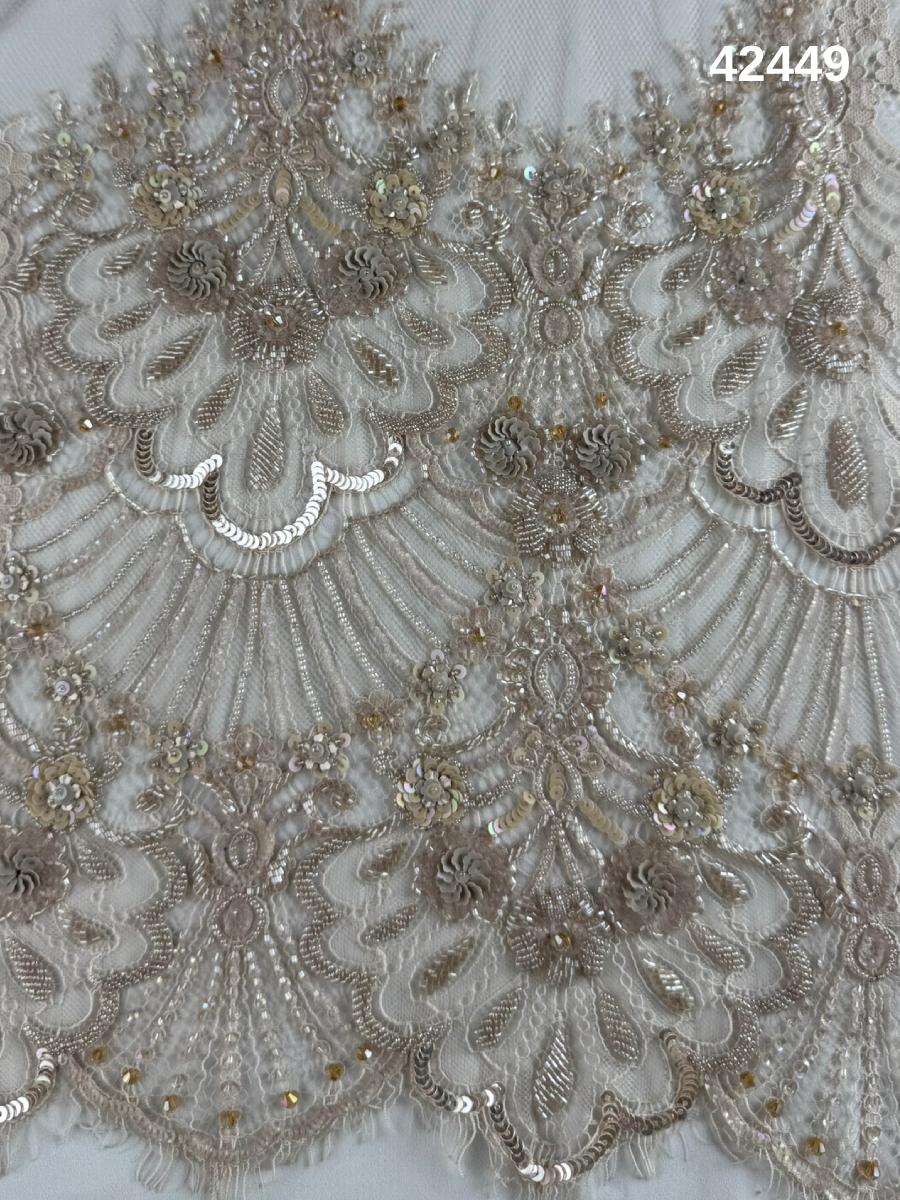 #42449 Opulent Hand Beaded Lace in Hazel with Exquisite Floral Design, Adorned with Exotic Beads, Delicate Sequins, and Crystals – A Luxurious Embellishment for Couture and Bridal Fashion