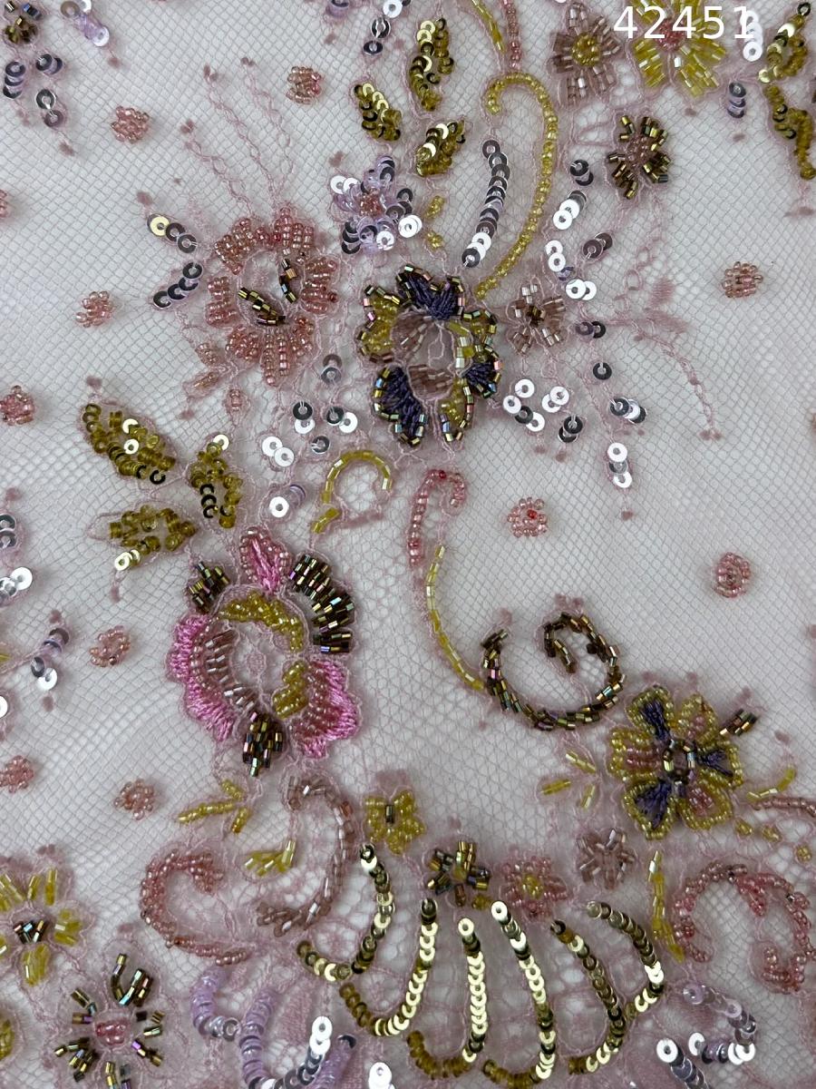 #42451 Opulent Hand-Beaded Lace Floral Design with Multicolor Beads, Sequins, and Intricate Thread Work for Couture Creations