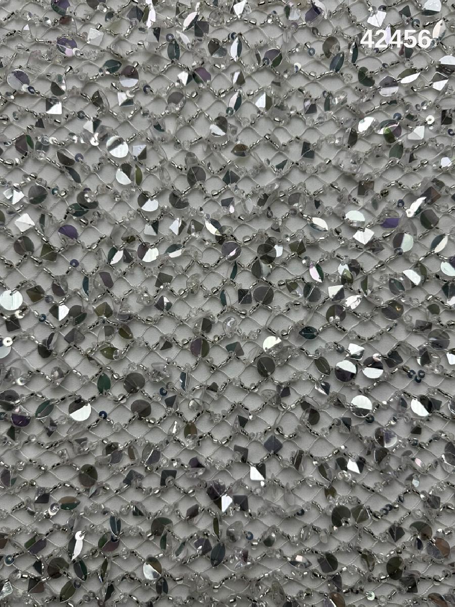 #42456 Luxurious Hand-Beaded Abstract Design Fabric with Beads, Crystals, and Sequins – Perfect for Couture, Evening Wear, Bridal Gowns, and High-End Craft Projects