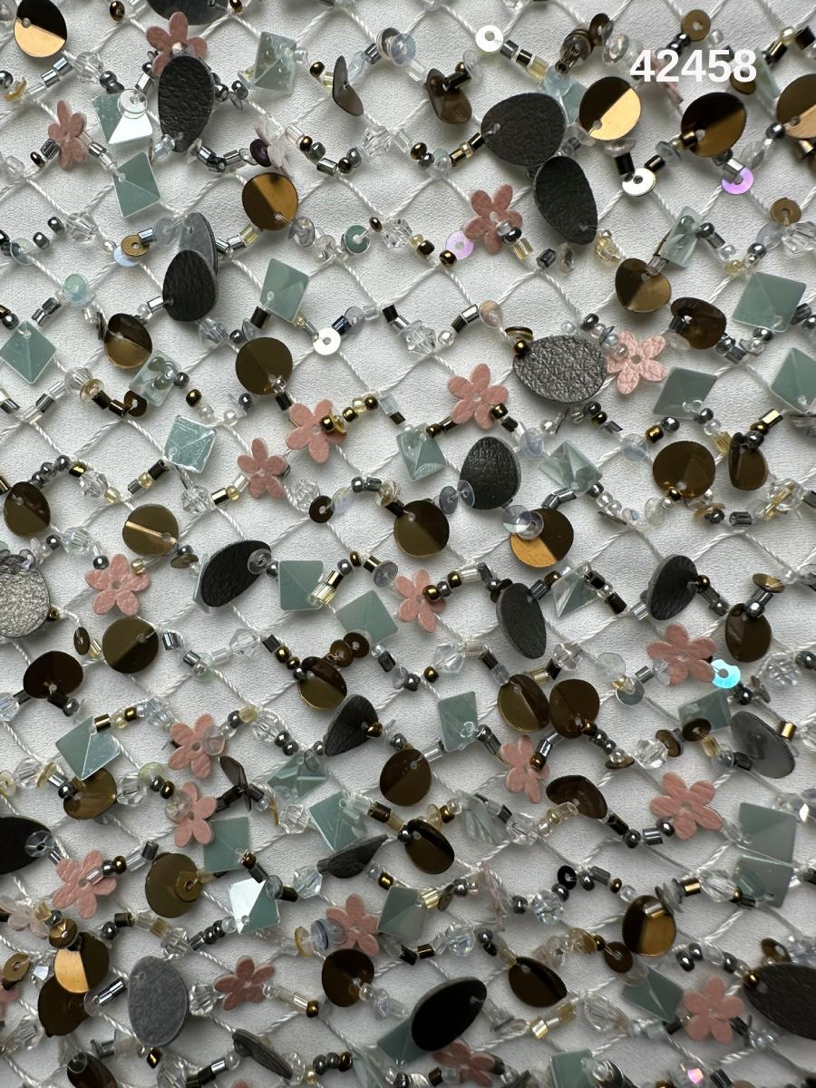 #42458 Stunning Hand-Beaded Abstract Design Fabric Adorned with Crystals, Sequins, and Exotic Beads – Perfect for Couture, Evening Wear, Bridal Gowns, and High-End Craft Projects