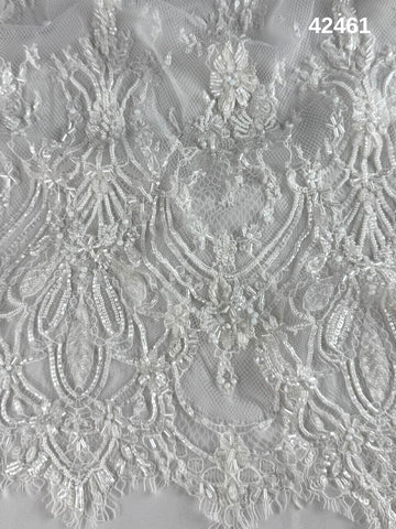 #42461 Luxurious Hand-Beaded Floral Lace – Elaborate Design Adorned with Delicate Beads, Sequins, Crystals, and Intricate Thread Work for Elegant Couture, Bridal Accessories