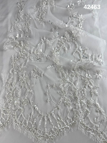 #42463 Elegant Hand Beaded Lace with Intricate Floral Design, Adorned with a Variety of Exotic Beads – A Timeless and Luxurious Embellishment for Couture Fashion