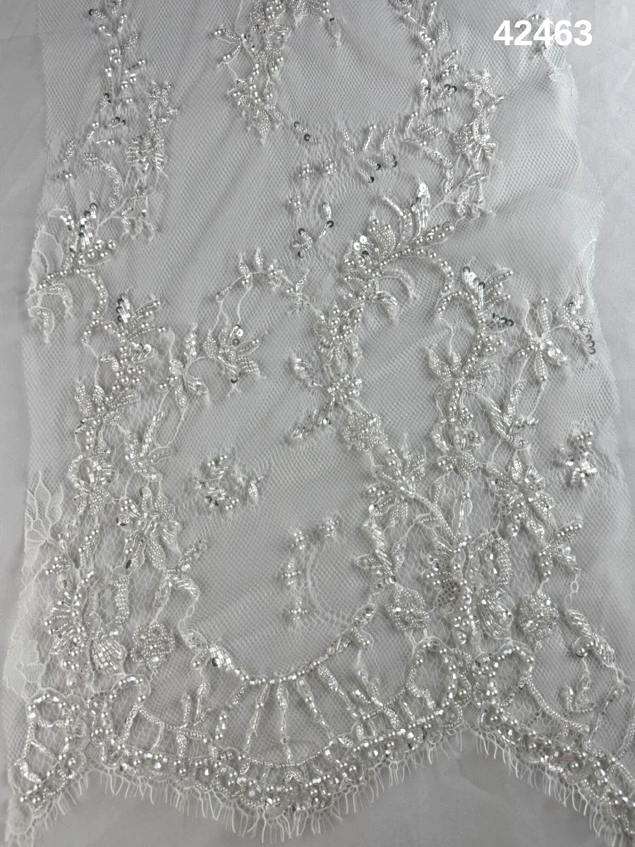#42463 Elegant Hand Beaded Lace with Intricate Floral Design, Adorned with a Variety of Exotic Beads – A Timeless and Luxurious Embellishment for Couture Fashion
