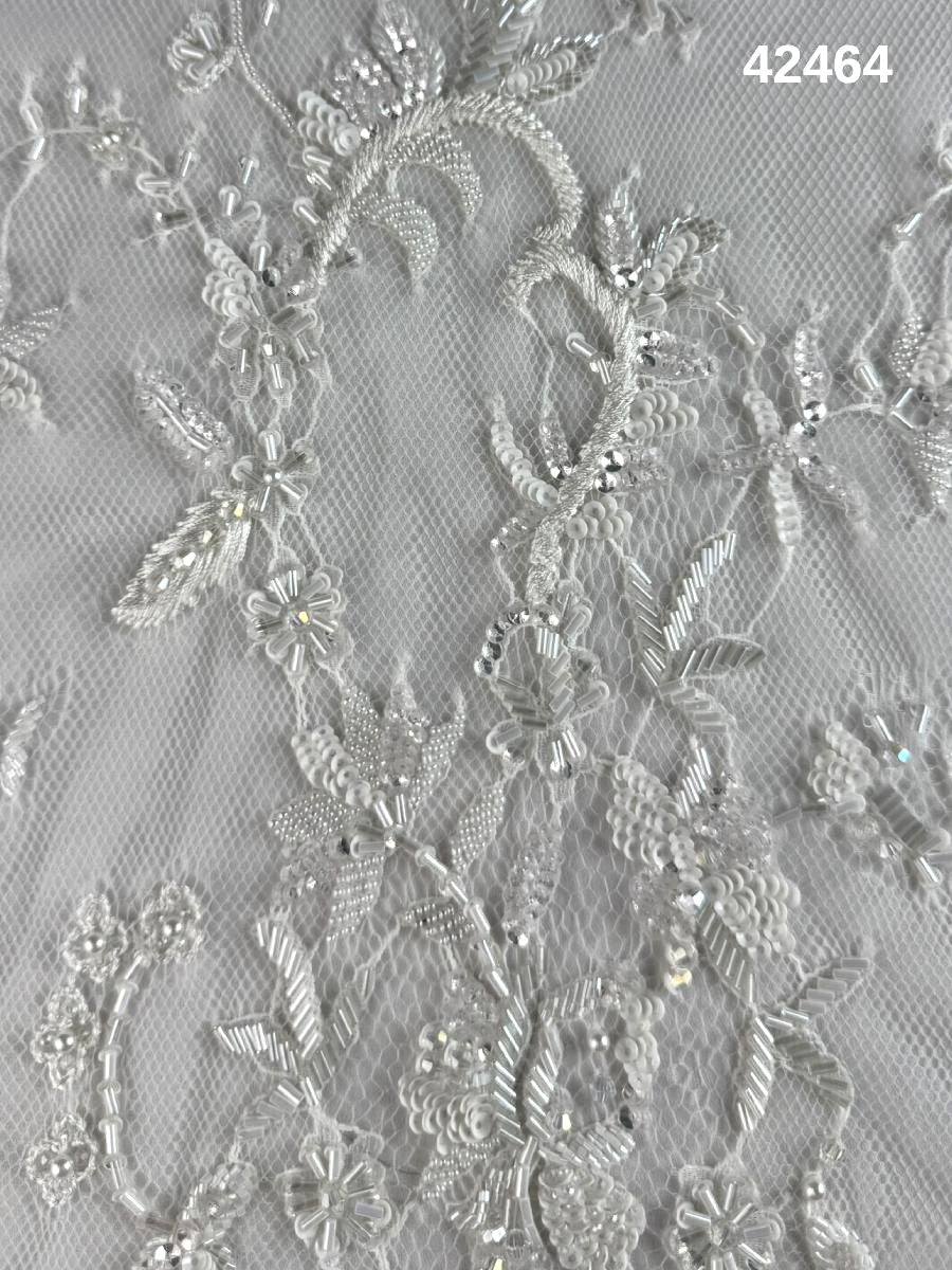 #42461 Luxurious Hand-Beaded Floral Lace – Elaborate Design Adorned with Delicate Beads, Sequins, Crystals, and Intricate Thread Work for Elegant Couture, Bridal Accessories