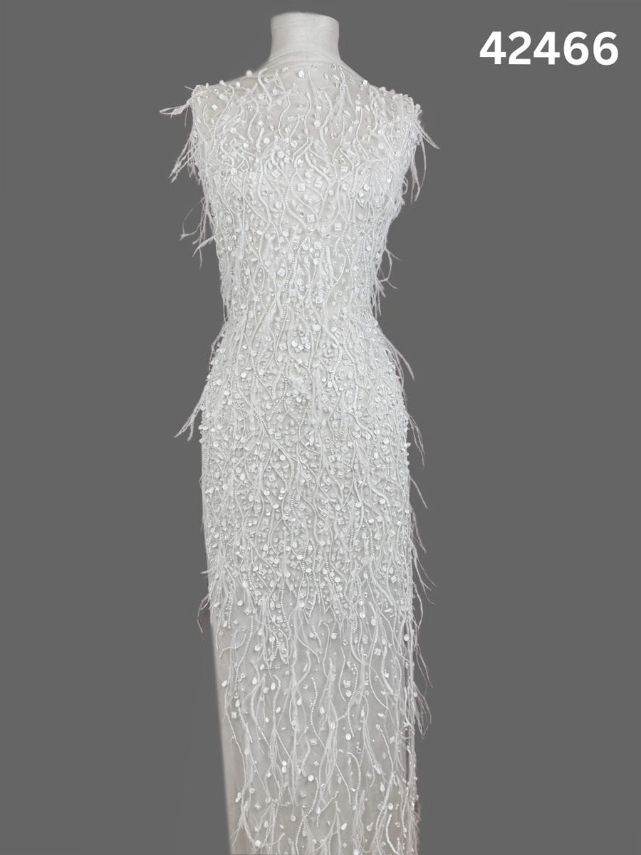 #42466 Opulent Hand-Beaded Fabric with Dense Abstract Design – Lavishly Embellished with Feathers, Beads, Sequins, and Pearls for Couture, Bridal, and Luxury Fashion