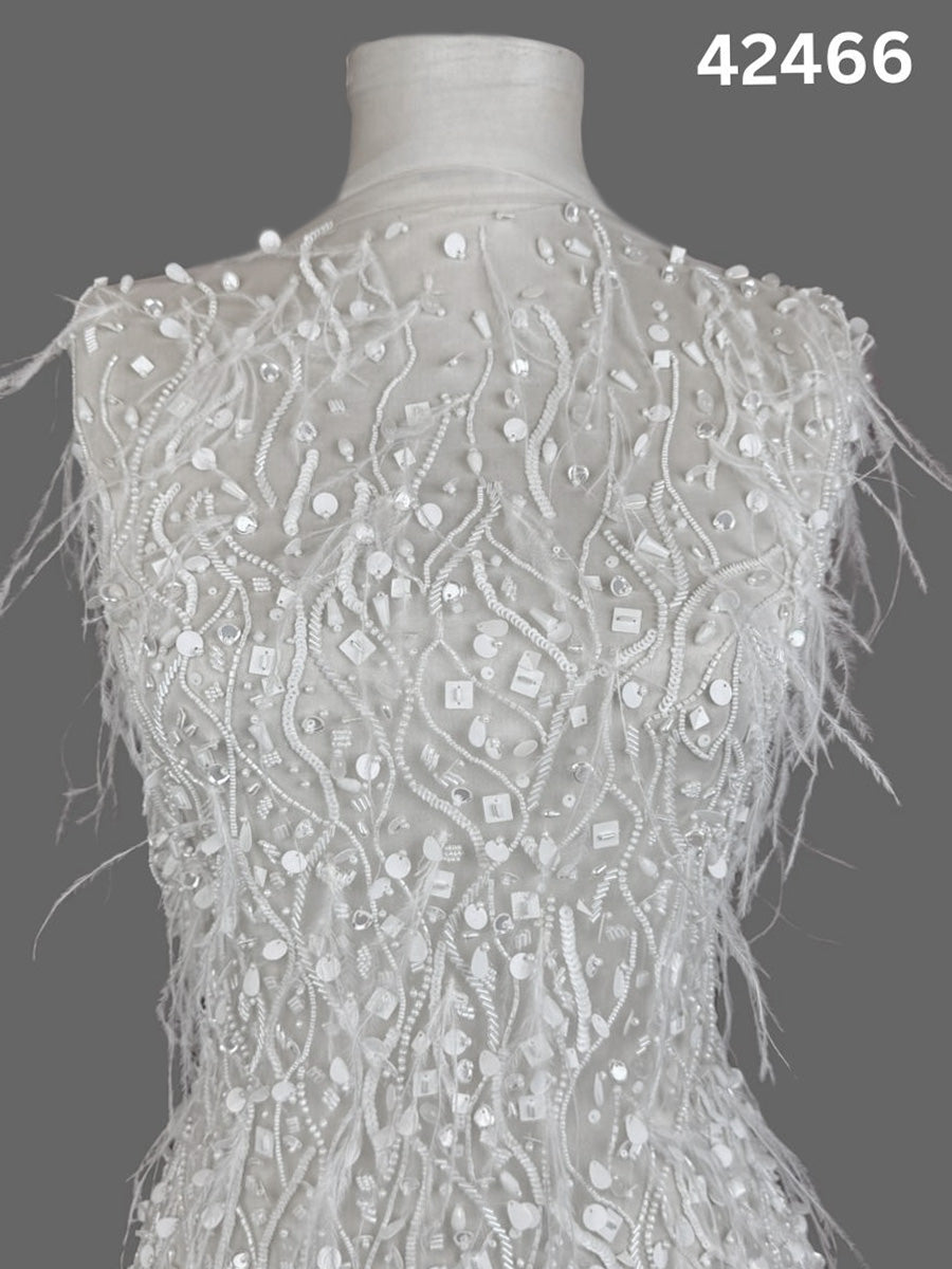 #42466 Opulent Hand-Beaded Fabric with Dense Abstract Design – Lavishly Embellished with Feathers, Beads, Sequins, and Pearls for Couture, Bridal, and Luxury Fashion