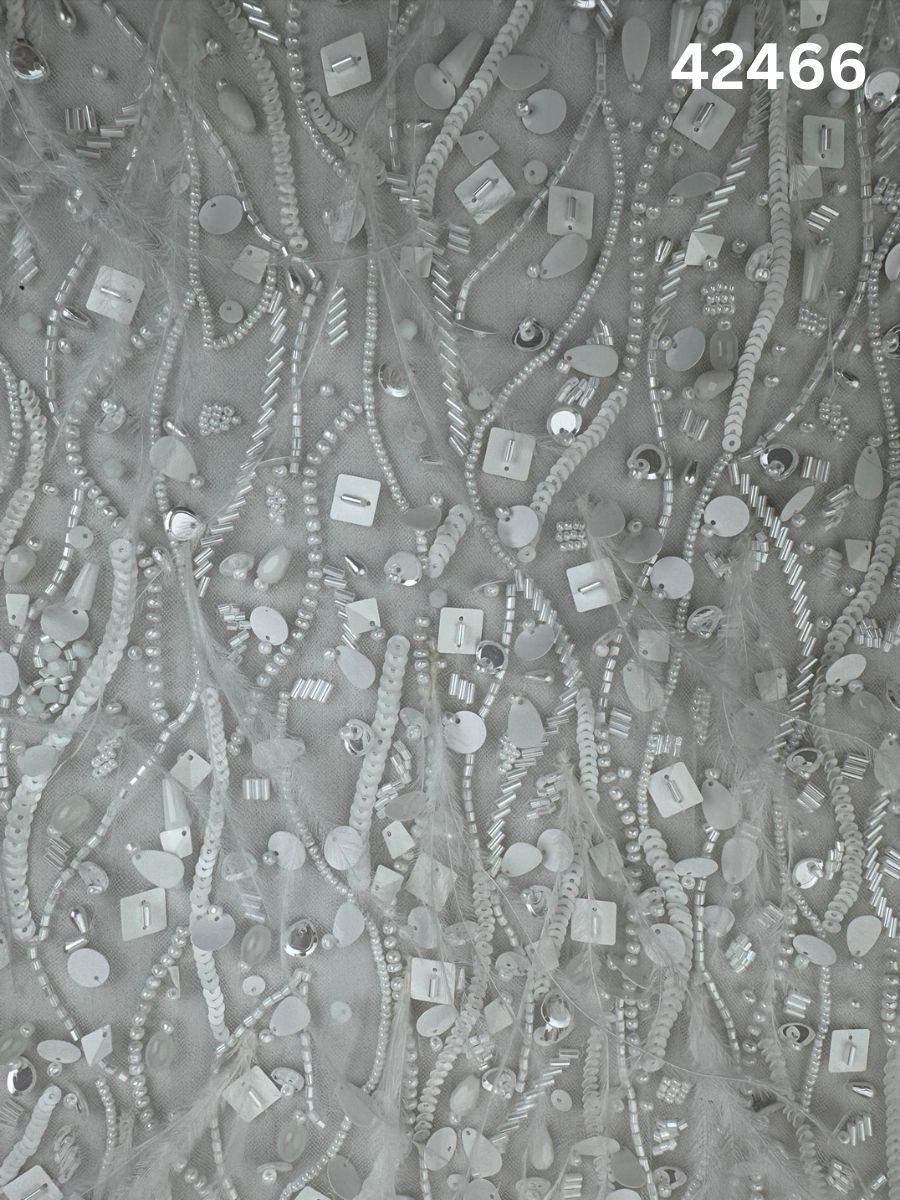 #42466 Opulent Hand-Beaded Fabric with Dense Abstract Design – Lavishly Embellished with Feathers, Beads, Sequins, and Pearls for Couture, Bridal, and Luxury Fashion