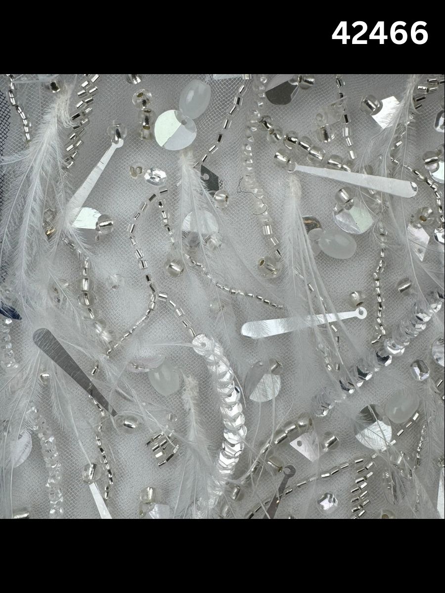 #42466 Opulent Hand-Beaded Fabric with Dense Abstract Design – Lavishly Embellished with Feathers, Beads, Sequins, and Pearls for Couture, Bridal, and Luxury Fashion