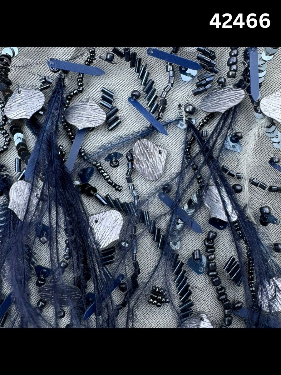 #42466 Opulent Hand-Beaded Fabric with Dense Abstract Design – Lavishly Embellished with Feathers, Beads, Sequins, and Pearls for Couture, Bridal, and Luxury Fashion