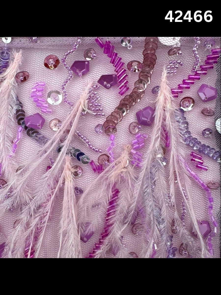 #42466 Opulent Hand-Beaded Fabric with Dense Abstract Design – Lavishly Embellished with Feathers, Beads, Sequins, and Pearls for Couture, Bridal, and Luxury Fashion