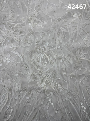 #42467 Luxurious Hand-Beaded Fabric with Abstract Design – Embellished with Feathers, Beads, Sequins, Crystals, and Pearls for Couture and Bridal Creations