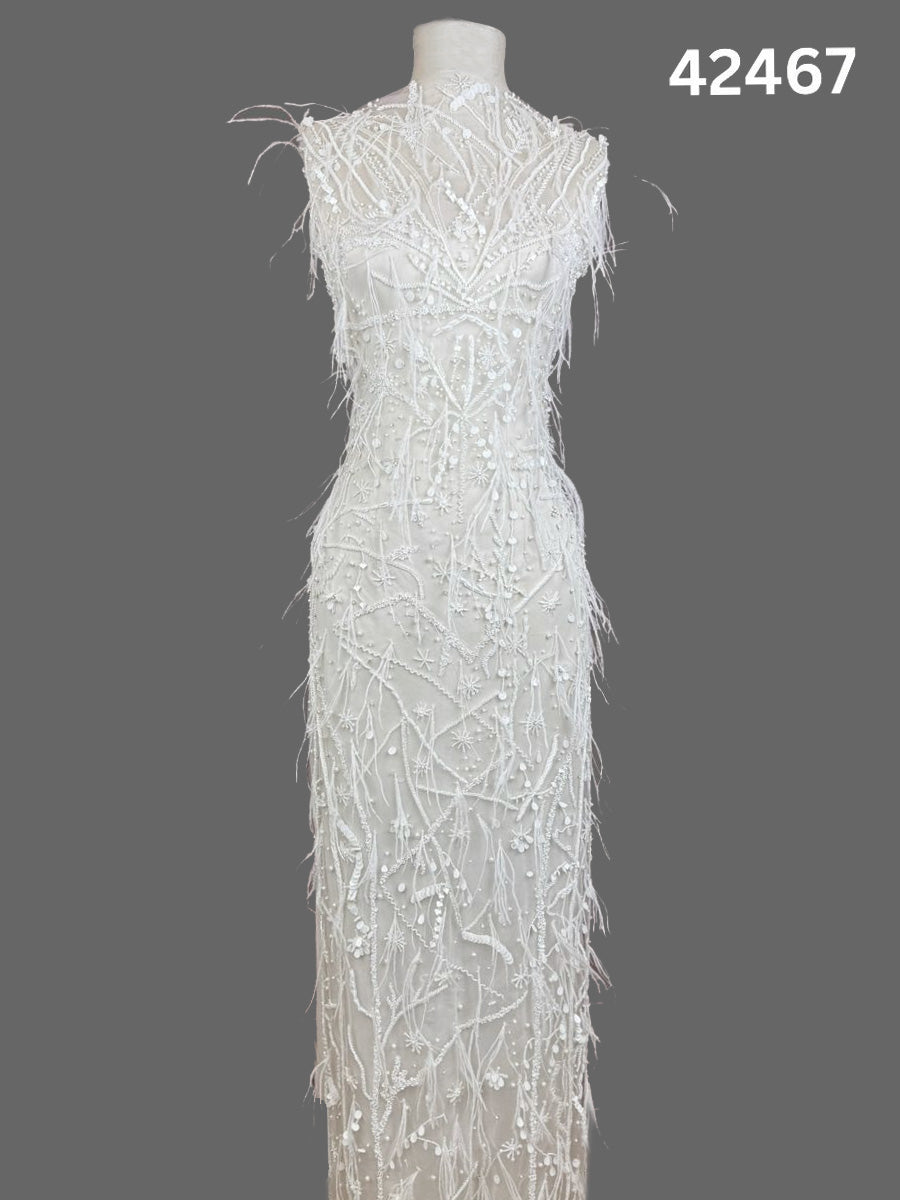 #42467 Luxurious Hand-Beaded Fabric with Abstract Design – Embellished with Feathers, Beads, Sequins, Crystals, and Pearls for Couture and Bridal Creations