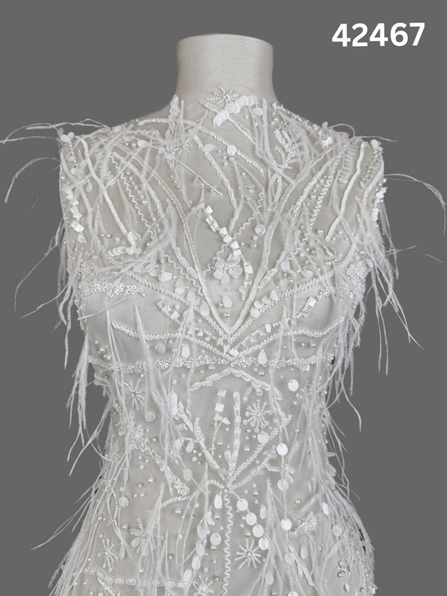 #42467 Luxurious Hand-Beaded Fabric with Abstract Design – Embellished with Feathers, Beads, Sequins, Crystals, and Pearls for Couture and Bridal Creations