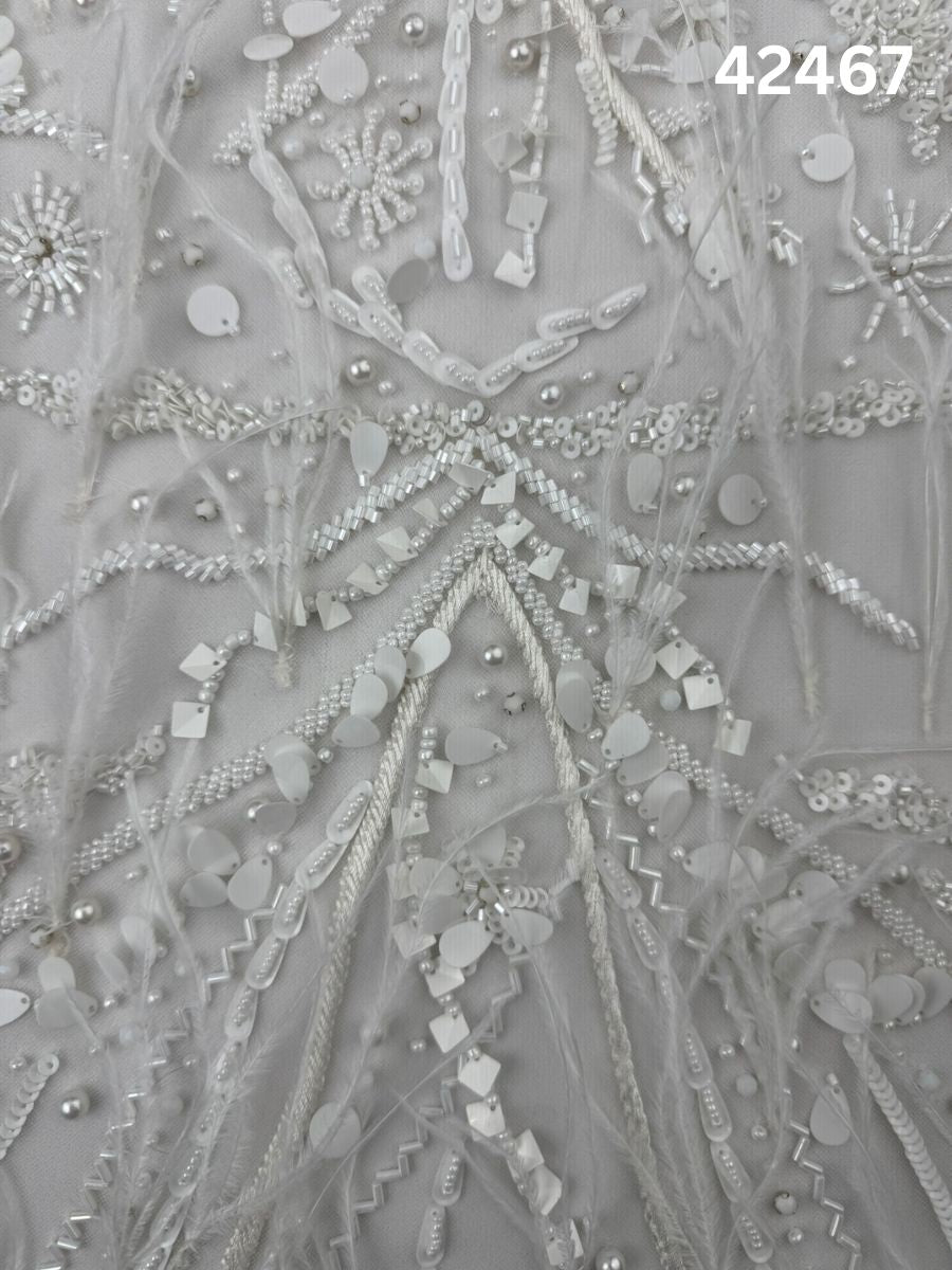 #42467 Luxurious Hand-Beaded Fabric with Abstract Design – Embellished with Feathers, Beads, Sequins, Crystals, and Pearls for Couture and Bridal Creations