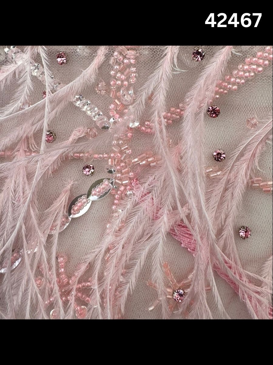 #42467 Luxurious Hand-Beaded Fabric with Abstract Design – Embellished with Feathers, Beads, Sequins, Crystals, and Pearls for Couture and Bridal Creations