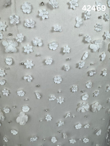 #42469 Ivory Hand-Beaded Fabric with 3D Florals, Rhinestones & Beads