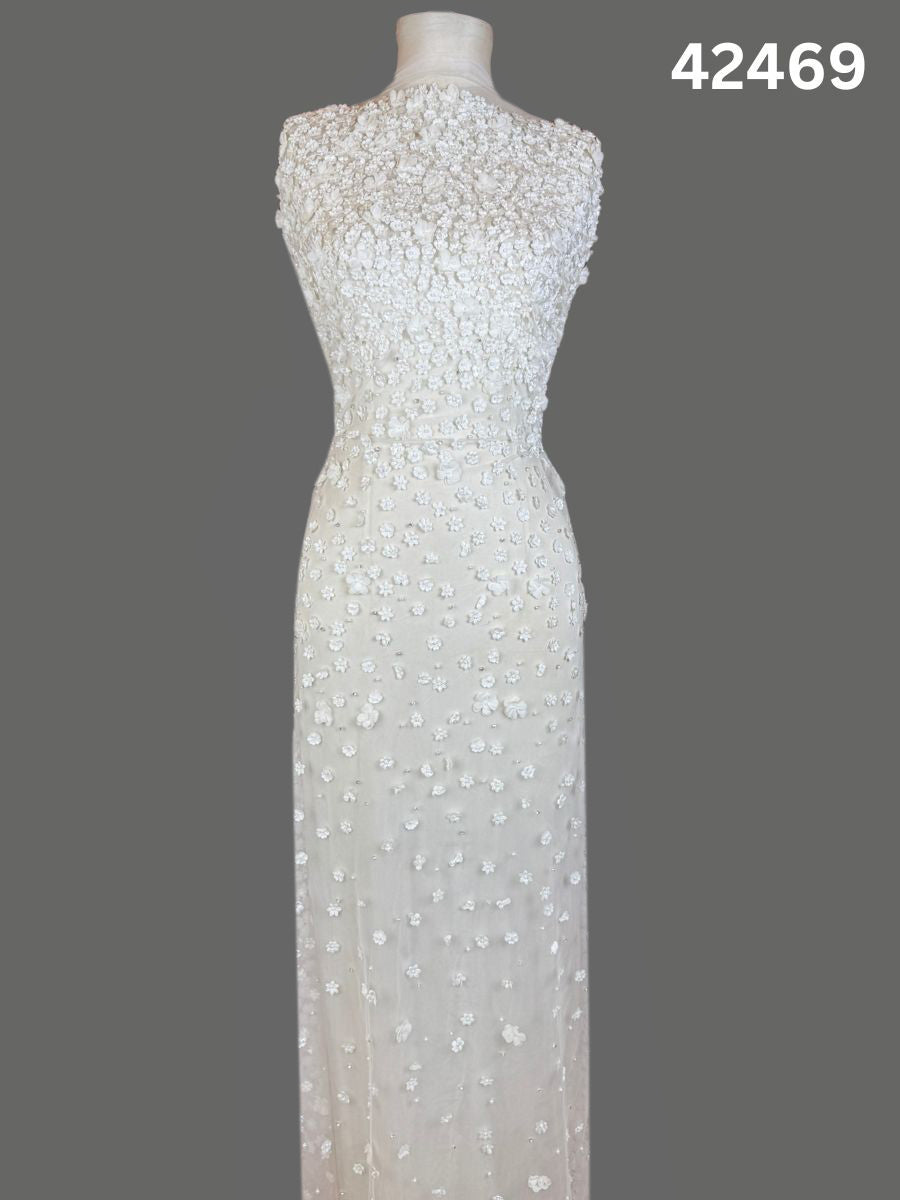 #42469 Ivory Hand-Beaded Fabric with 3D Florals, Rhinestones & Beads