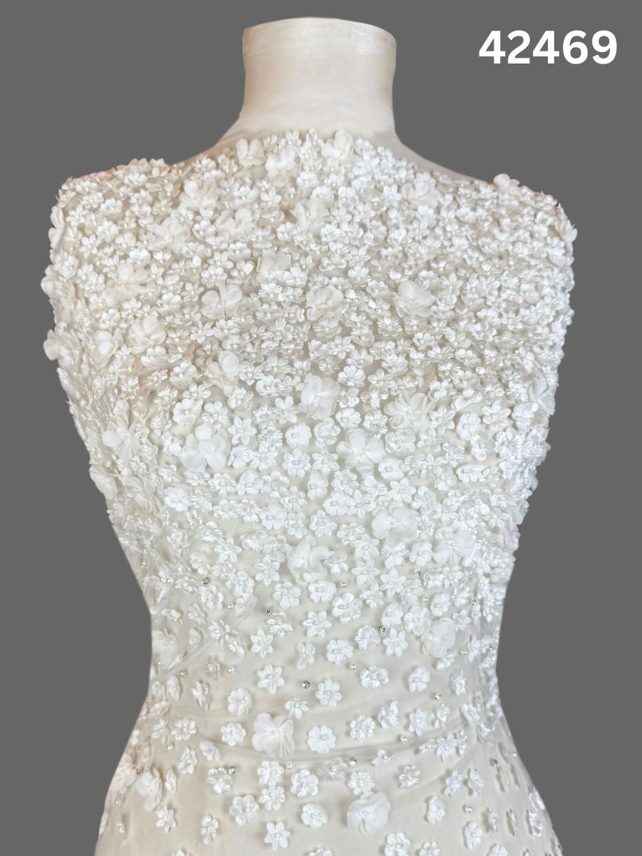 #42469 Ivory Hand-Beaded Fabric with 3D Florals, Rhinestones & Beads
