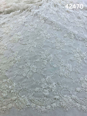 #42470 Luxe Ivory Abstract Hand-Beaded Fabric with Intricate Beaded Beads, Sequins & Fine Threadwork