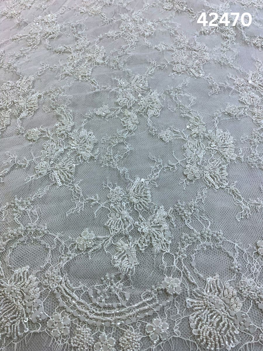 #42470 Luxe Ivory Abstract Hand-Beaded Fabric with Intricate Beaded Beads, Sequins & Fine Threadwork