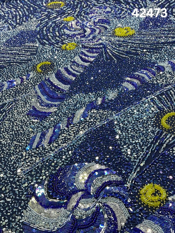#42473 Vibrant Multicolor Abstract Hand-Beaded Fabric with Artistic Beads & Sequins
